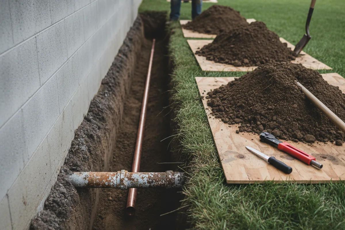 Excavated water line trench during Water Softener Installation in Macon